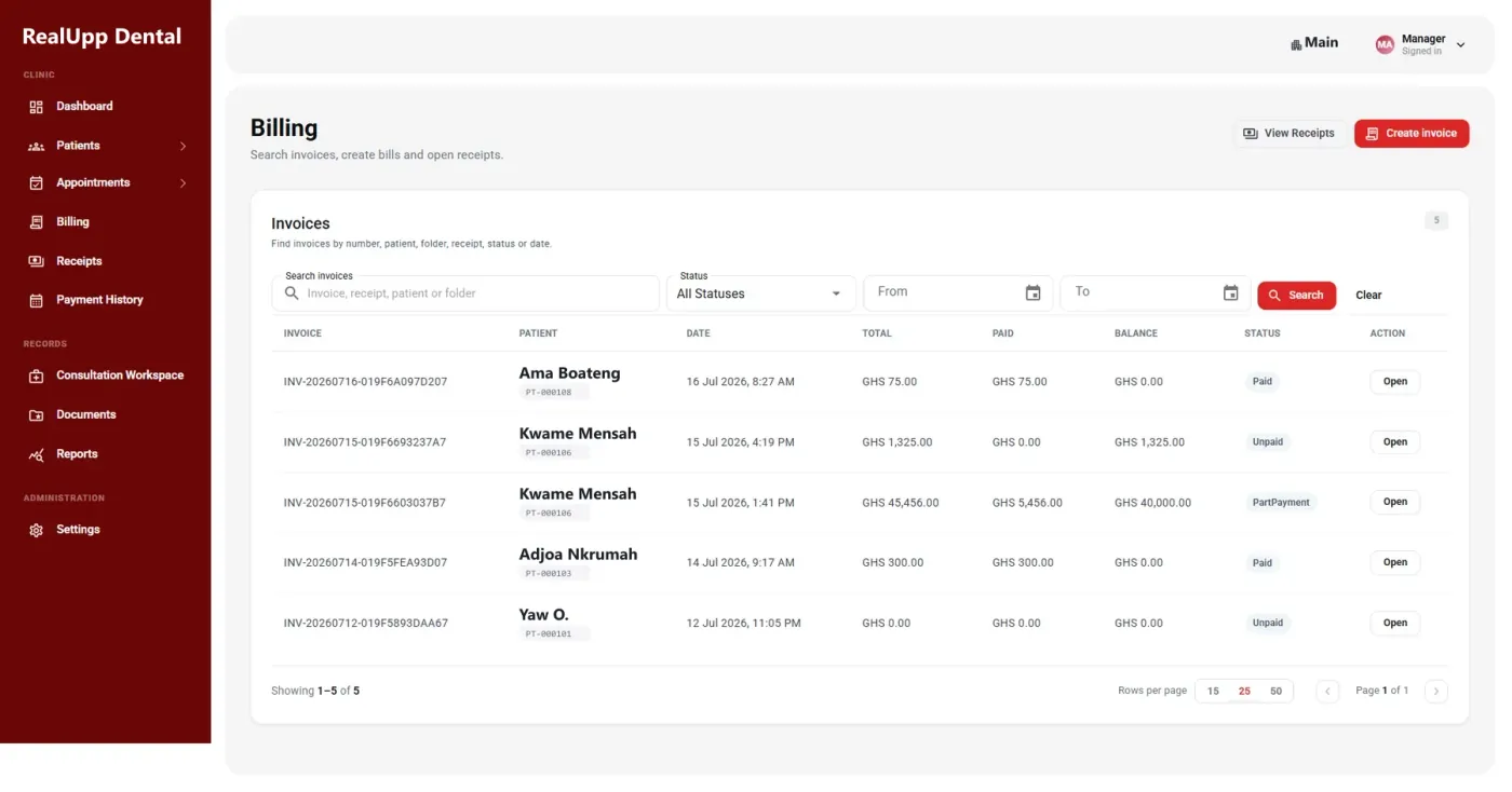 RealUpp Dental billing workspace