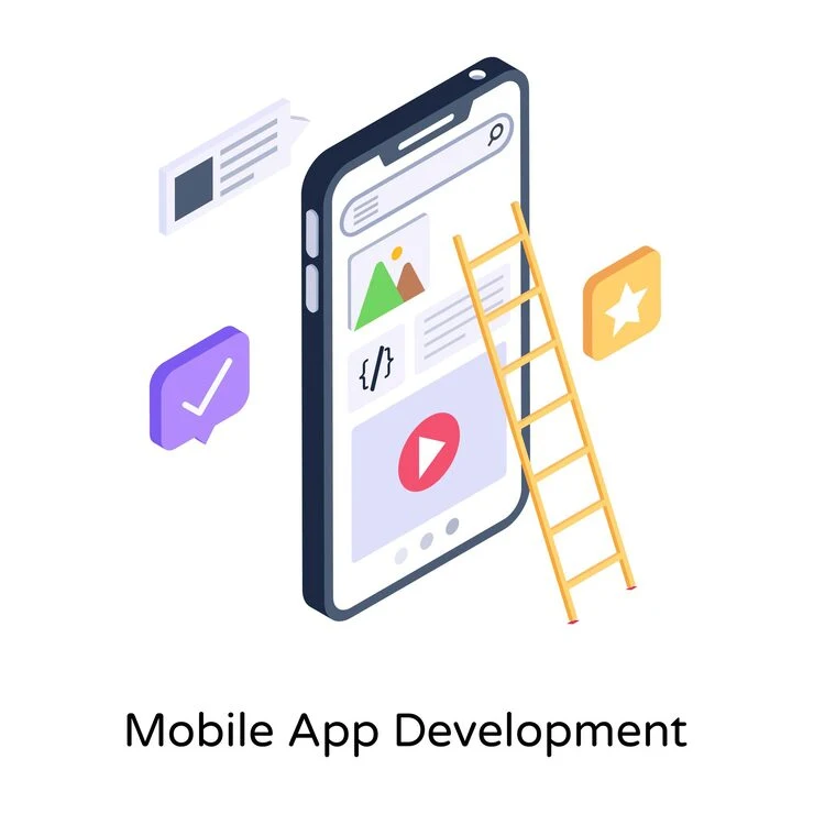 Isometric illustration of a mobile app being built screen by screen