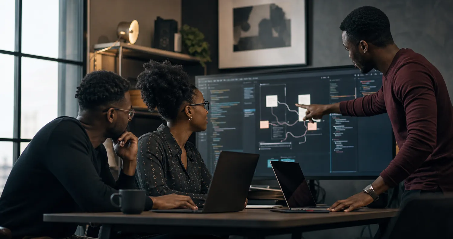 A RealUpp engineering team reviewing system architecture and code on a large monitor